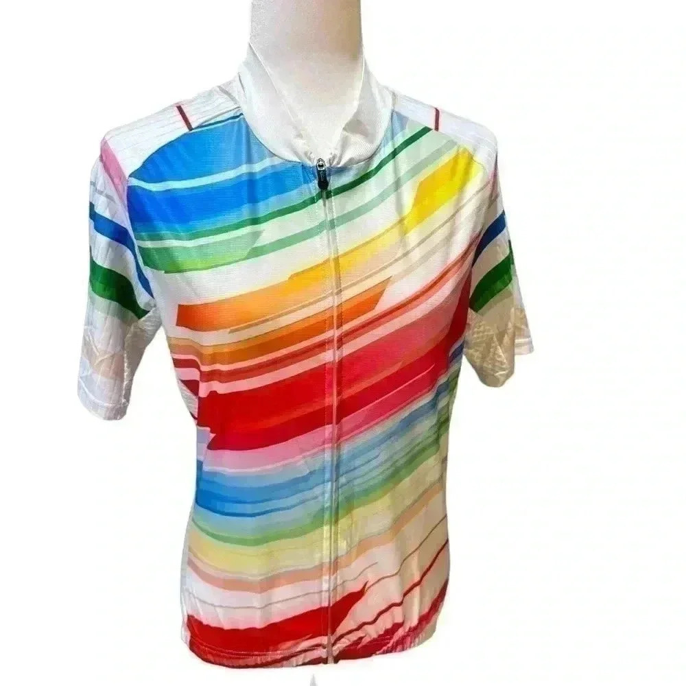 JPOJPO Women's Cycling Jersey Short Sleeve Full Zip Multi Color Rainbow Size L